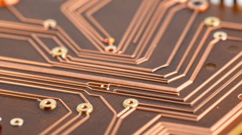 Anatomy of a Heavy Copper PCB Close-up of a heavy copper printed circuit board showing thick metallic pathways