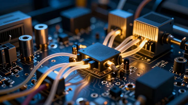 A high-tech circuit board glowing with energy lines against a backdrop of industrial power systems