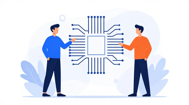 Conceptual illustration of two people working together on a technical blueprint