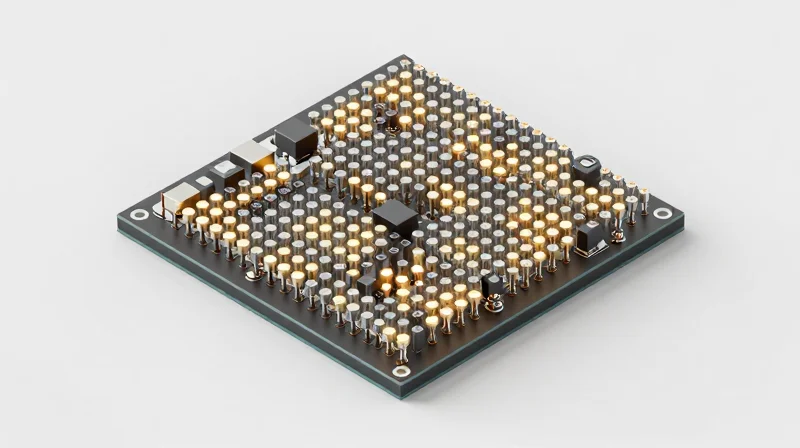 Advanced Via Stitching and Thermal Vias 3D visualization of via stitching arrays on a circuit board for thermal management.