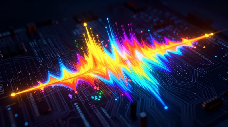 Verification and Simulation Techniques Abstract conceptual visualization of thermal heat map simulation on a circuit board.