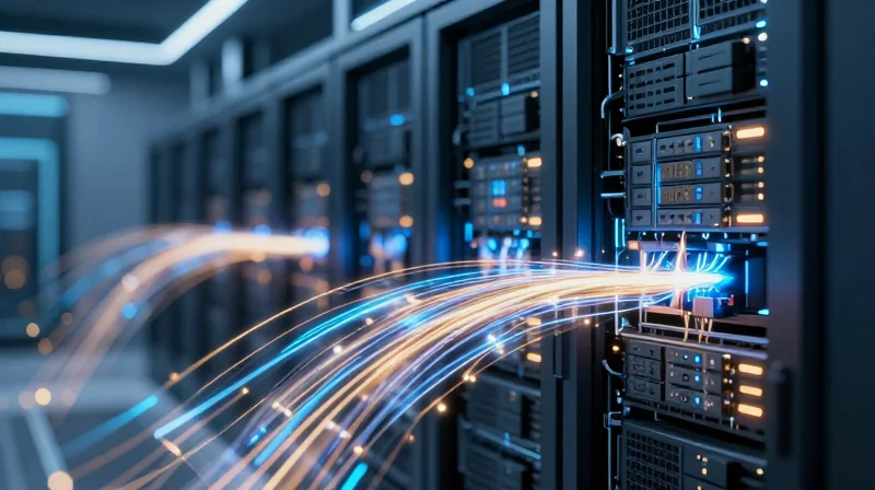 The Evolution of UPS Power Demands Abstract representation of high-performance data center power flow with glowing conduits
