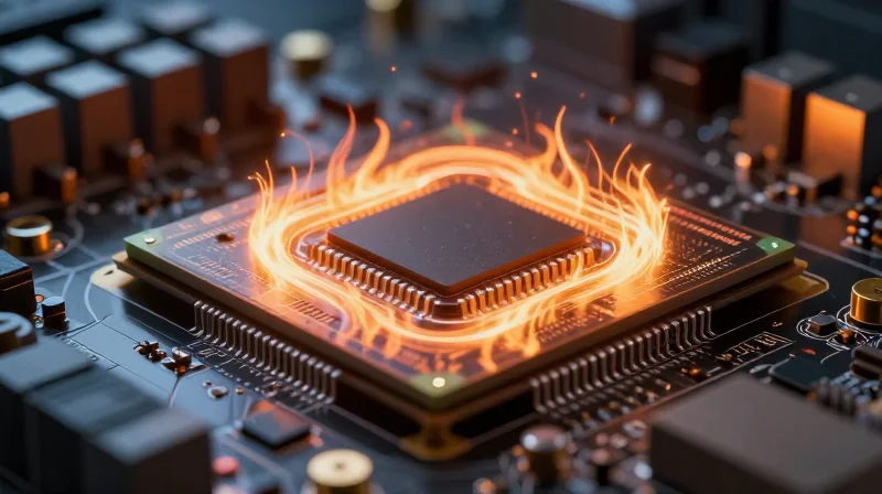 Limitations of Traditional Silicon Architectures A close-up of a traditional silicon chip with metaphorical heat radiating lines