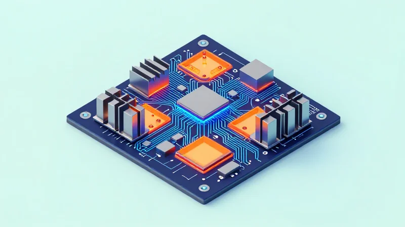 Thermal Management and Longevity Isometric view of a modern PCBA with heat sinks and cooling structures integrated, highlighting thermal dissipation design.