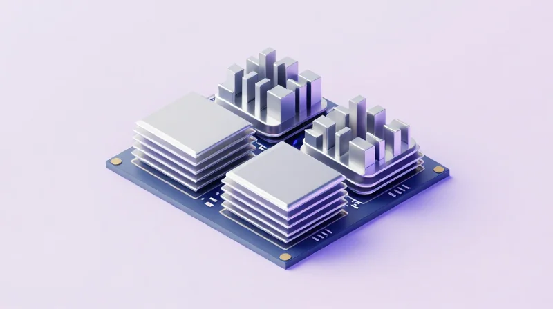 Advanced Thermal Management Techniques 3D render showing heat distribution and cooling paths on a circuit board with metallic heat spreaders