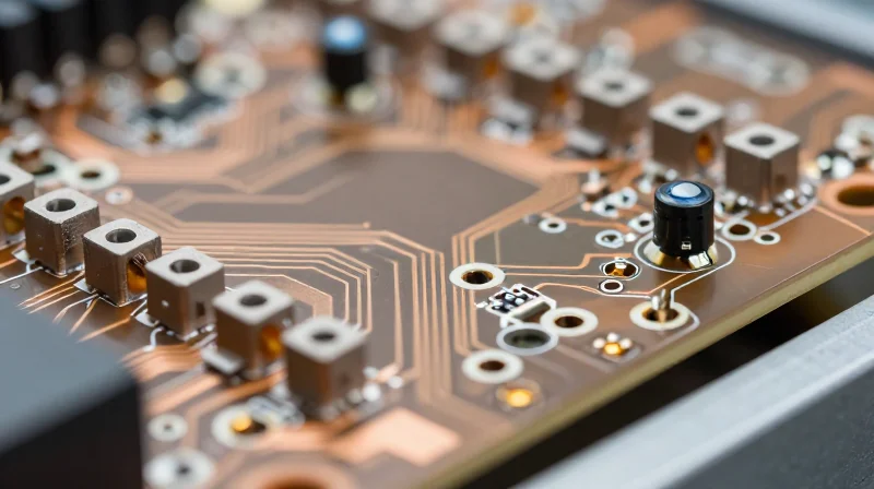 Via Design and Drill Standards for Industrial Yield Macro detail shot of microscopic via holes on a high-precision printed circuit board surface