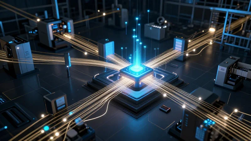 The Rise of Edge Computing in Industrial Automation A conceptual view of a smart factory floor with interconnected data streams.