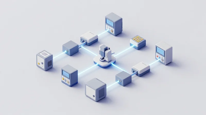 The Role of Connectivity and IIoT Integration Isometric view of interconnected industrial devices in a network.