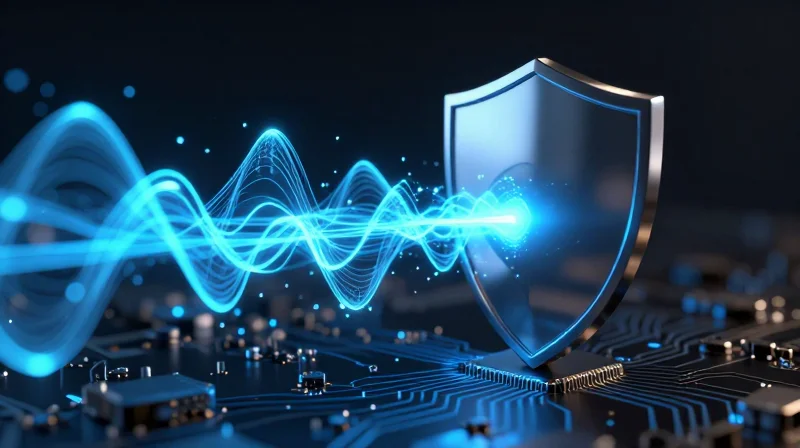 Signal Integrity and Electromagnetic Compatibility (EMC) Abstract visualization of electromagnetic fields being blocked by shielding on a circuit board.