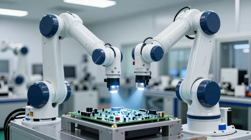 PCB Fabrication and Assembly Quality Controls An industrial robotic arm performing high-precision optical inspection on a circuit board.