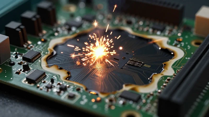 The Hidden Cost of Subpar Electronics A visual metaphor of electronic components failing and showing signs of wear and tear.