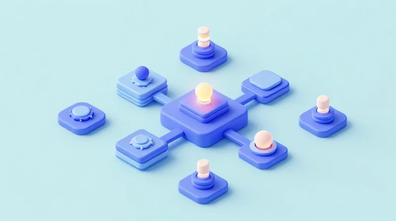 Strategic Maintenance Planning and Predictive Diagnostics Isometric 3D model showing a connected system of sensors and circuit components.