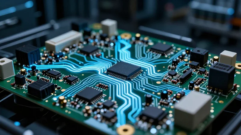 The Criticality of DFM in Elevator Control Systems A close-up view of a high-tech industrial elevator control circuit board