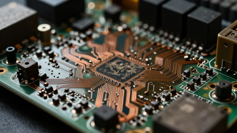 Anatomy of Legacy Systems: Why They Fall Short A close-up of an aging, monolithic printed circuit board with dense, cluttered wiring representing legacy elevator controller systems.