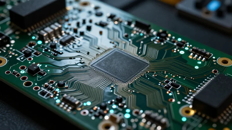 The Crucial Role of Quality Certifications A close-up of a high-tech PCB with glowing certification seals and metallic textures