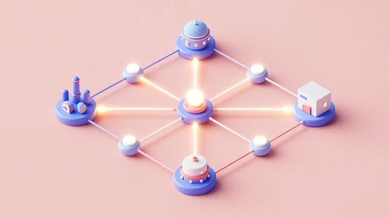 Supply Chain Transparency and Component Sourcing 3D visualization of interconnected supply chain nodes