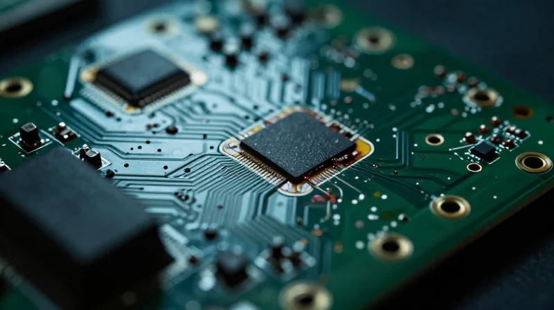 A close-up of a damaged industrial circuit board showing wear