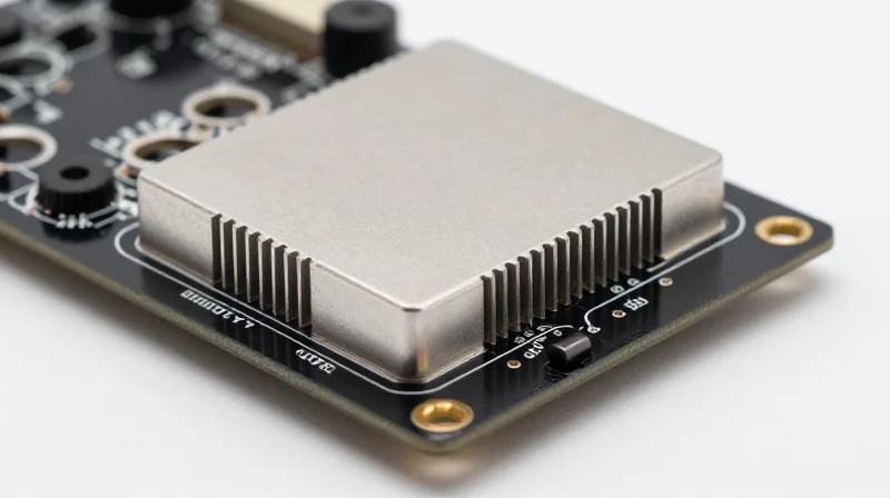 Advanced Thermal Management Strategies A macro shot of a high-performance PCB with metallic heat sinks highlighting thermal dissipation