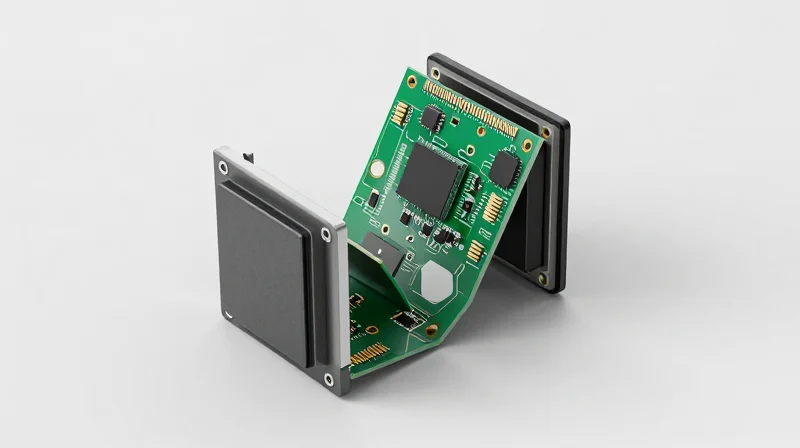The Shift Toward Flexible and Rigid-Flex Architectures A 3D visualization showing a rigid-flex circuit board bending to fit inside a small industrial sensor enclosure.