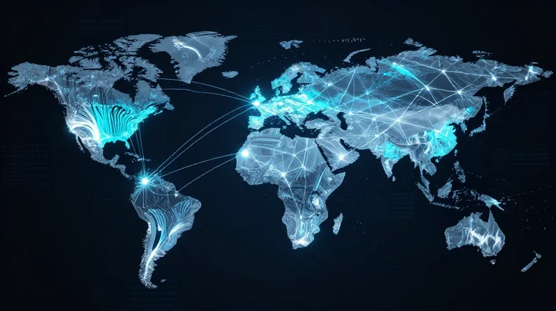 Supply Chain Transparency and Traceability Network of glowing nodes connecting parts, representing end-to-end supply chain transparency