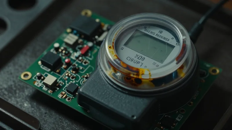 The High Cost of Field Failures in Utility Infrastructure A close-up of a damaged electronic circuit board inside a weathered smart meter housing, highlighting industrial degradation.