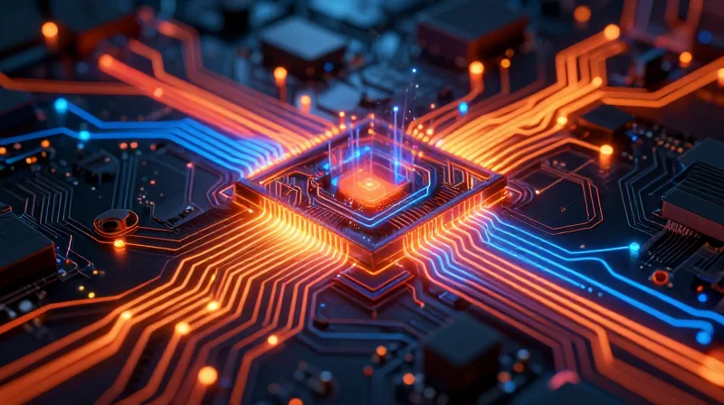 Thermal Management as a Design Priority A conceptual thermal visualization of a high-performance PCB, highlighting heat dissipation.
