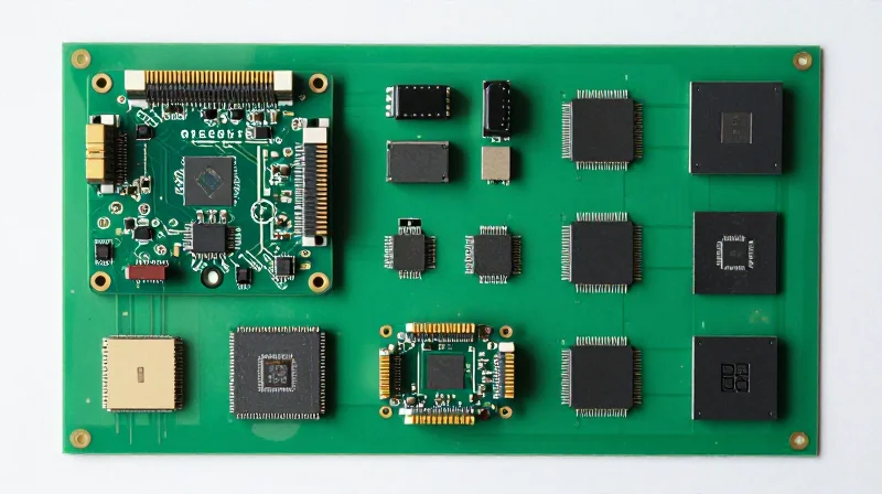 Optimal Component Placement and Routing Patterns Top-down view of organized electronic components on a printed circuit board.