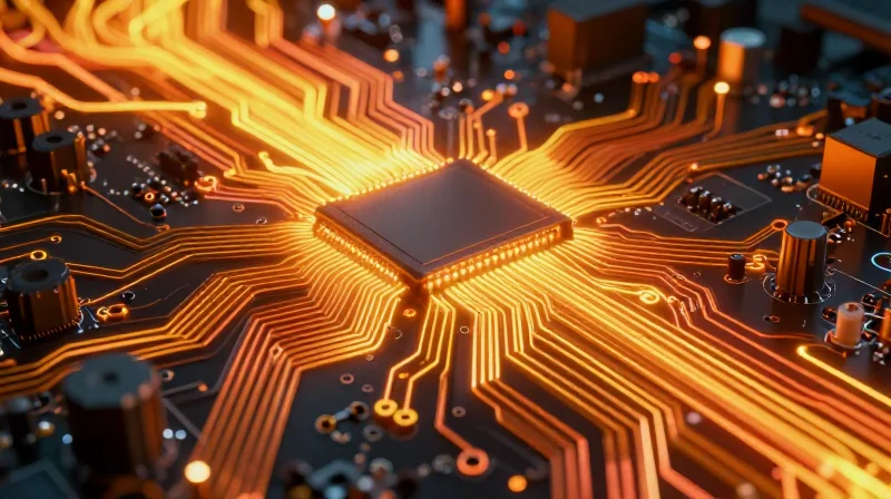 The Physics of High-Current PCB Reliability Abstract representation of high-current flow through copper traces on a PCB with heat dissipation glow.