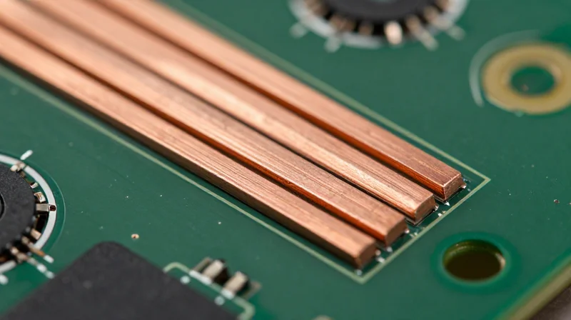 Mastering Thick Copper Plating and Weight Requirements Macro close-up of a thick copper PCB trace on a green substrate.