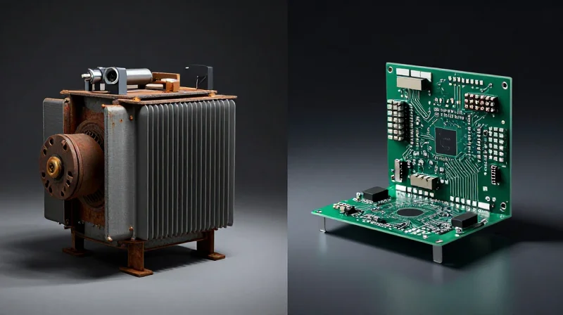 The Evolution of Welding Hardware: From Legacy to Silicon Side-by-side contrast between a bulky old industrial welder and a modern sleek electronic module