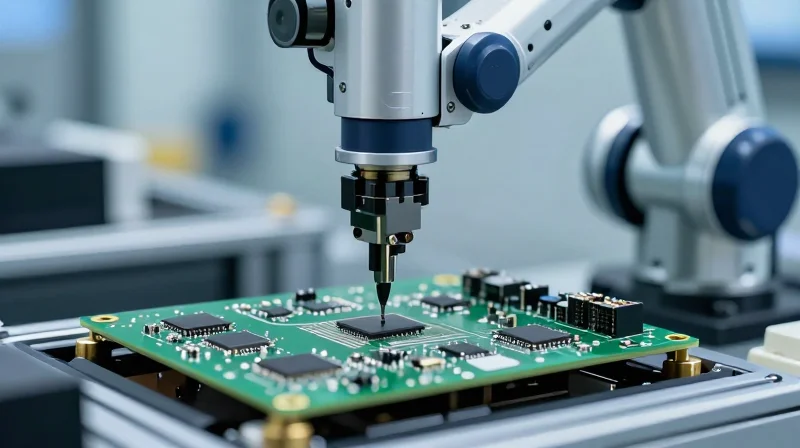 Precision Assembly: The Role of Advanced Surface Mount Technology An automated robotic assembly head placing tiny components onto a circuit board with extreme precision.