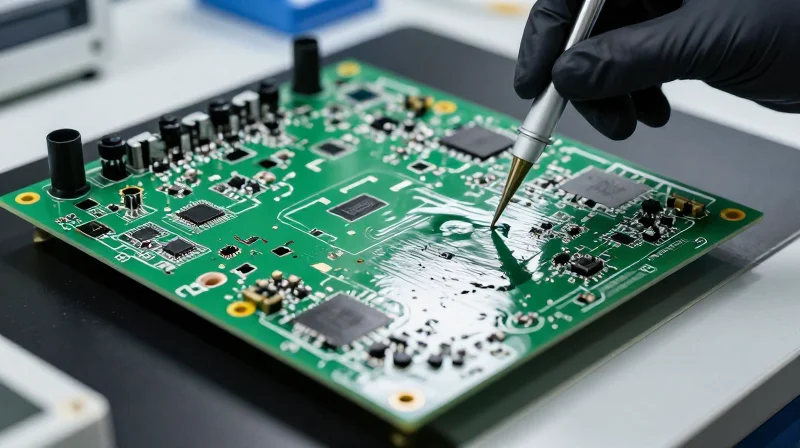 Optimizing for Harsh Environments: Protective Coatings and Material Selection A circuit board being coated with a specialized protective material that shimmers under light.
