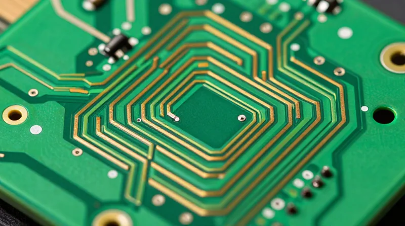 Close-up macro shot of copper PCB traces forming a precise loop on a green electronic board.