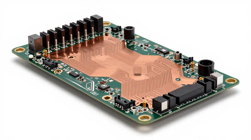 Thermal visualization showing heat dissipation from electronic components using copper pours and thermal vias.