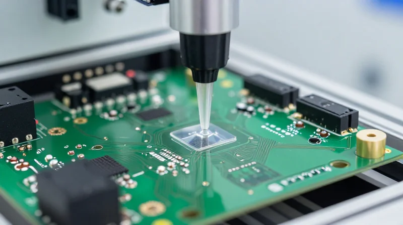 Environmental Protection and Conformal Coating Standards A robotic applicator applying a protective clear conformal coating to a circuit board