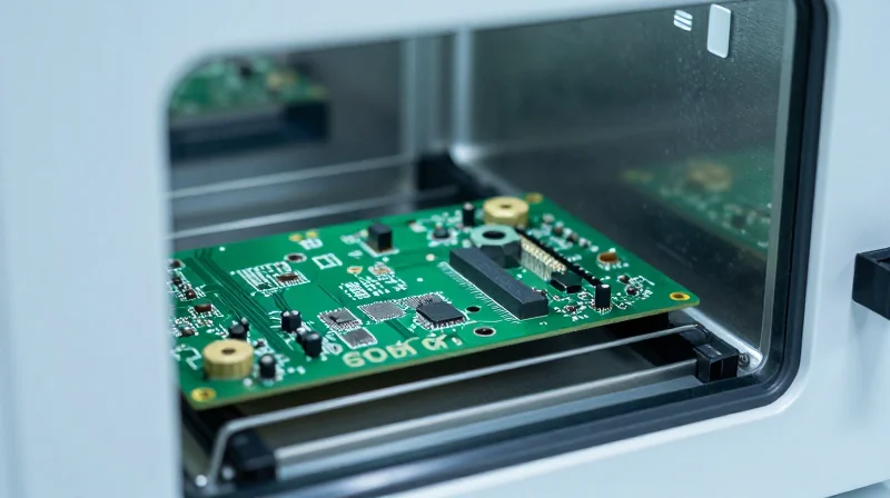Testing Protocols for Industrial Reliability A circuit board inside an industrial stress-testing chamber