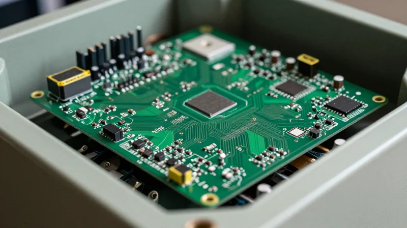 The Hidden Link Between PCB Quality and System Downtime Close-up of a high-quality green printed circuit board inside a commercial HVAC controller unit with cinematic lighting.
