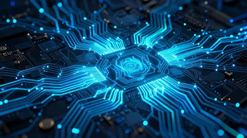 Energy Efficiency and PCB Precision Abstract visualization of energy flow through digital circuits.