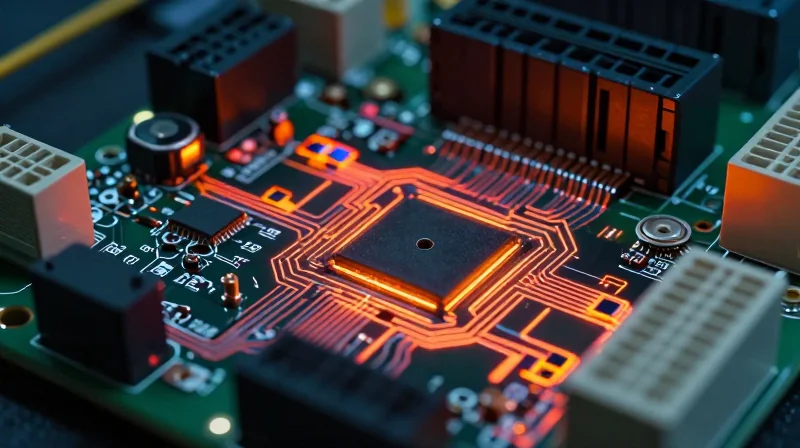 The Critical Role of DFM in Industrial HVAC Applications A close-up of an industrial HVAC control unit circuit board operating in a harsh, industrial setting with visible heat and dust elements.