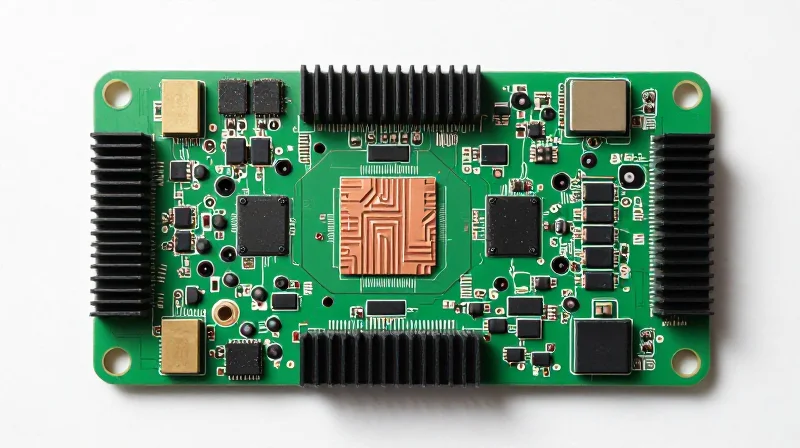 Optimizing PCB Layouts for Thermal Dissipation Top-down view of a PCB layout with heat sinks and strategically placed components to maximize thermal dissipation.