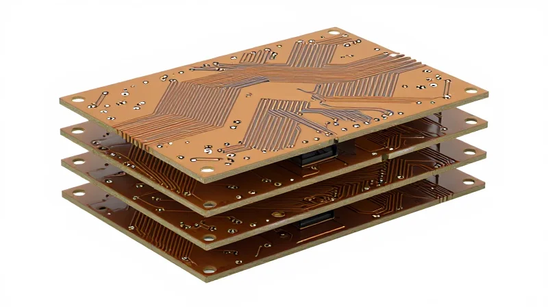 Optimal Layer Stack-up Configurations A professional 3D view of a multi-layer PCB stack-up for electronics manufacturing