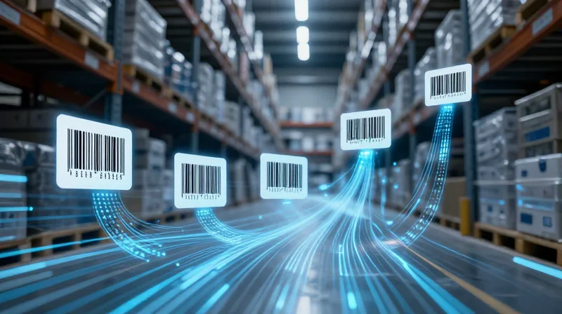 The Evolution of Supply Chain Tracking An abstract transition visualization from manual paper barcodes to glowing digital data streams in a logistics warehouse