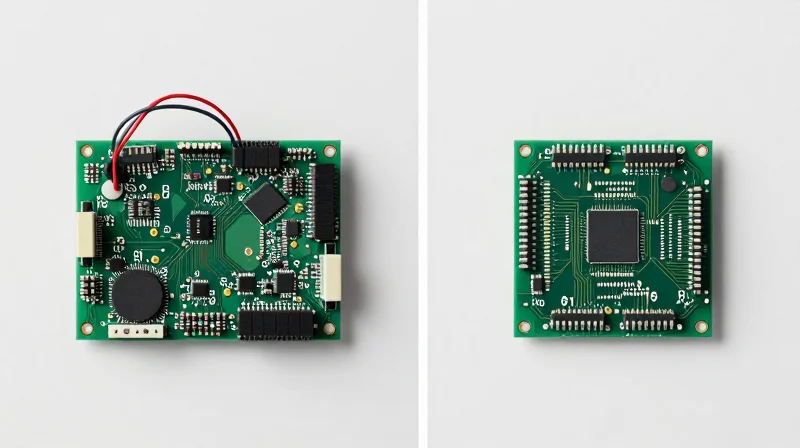 Legacy vs. Next-Gen: Why Hardware Architecture Matters Split screen showing an old disorganized circuit board on one side and a sleek modern integrated circuit board on the other