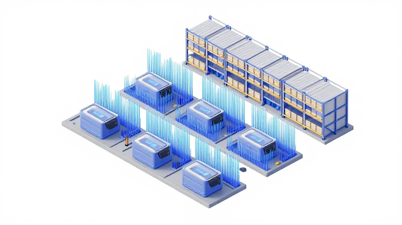 Overcoming Implementation Challenges A 3D isometric representation of an industrial environment with radio frequency wave shielding