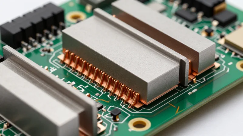 Thermal Management: Designing for Extreme Operating Temperatures A close-up view of a PCB with heat sinks and copper cooling structures