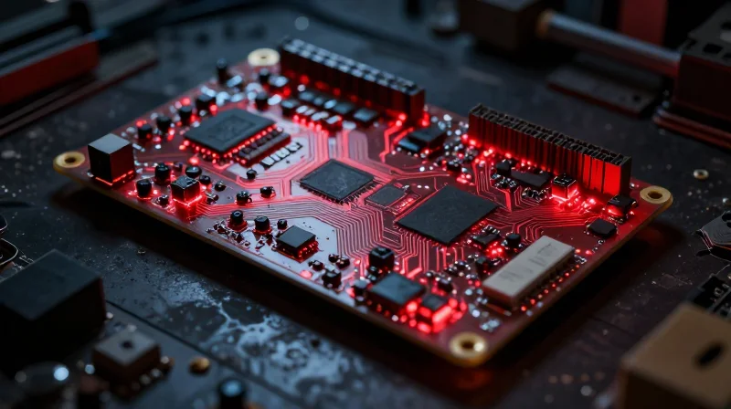 The Hidden Costs of 'Good Enough' PCB Engineering A complex industrial PCB board with glowing red hot spots representing failure points and wear and tear in a dimly lit factory.
