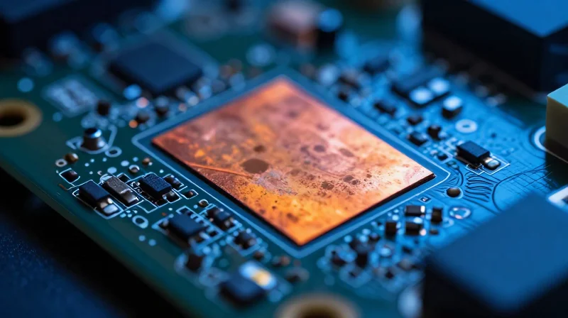 The Physics of Failure: Why Thermal Dissipation Matters A close-up thermal imaging view of an HMI PCB showing extreme heat distribution patterns in vibrant colors.
