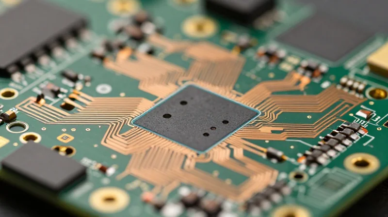 Critical Trace Routing and Impedance Control Close-up of precise PCB trace routing on a circuit board