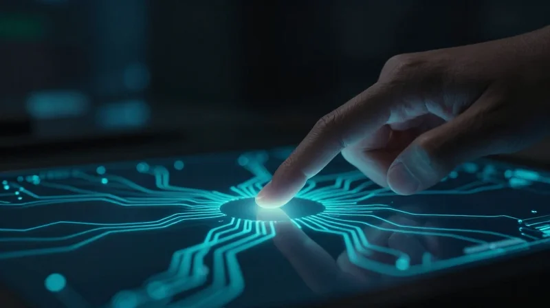 The Rise of Capacitive Technology in Industrial Environments Abstract visualization of capacitive touch screen technology sensing human fingertip.