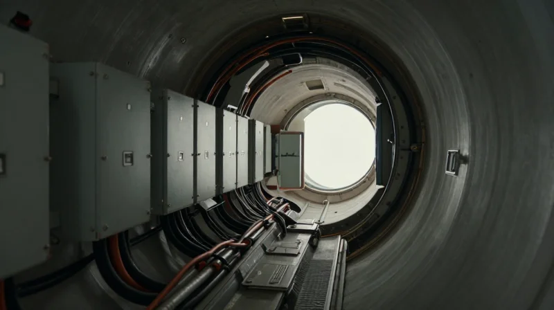 Understanding the Operational Environment Interior of a wind turbine nacelle showing complex electronic machinery and industrial cabling under harsh lighting conditions.